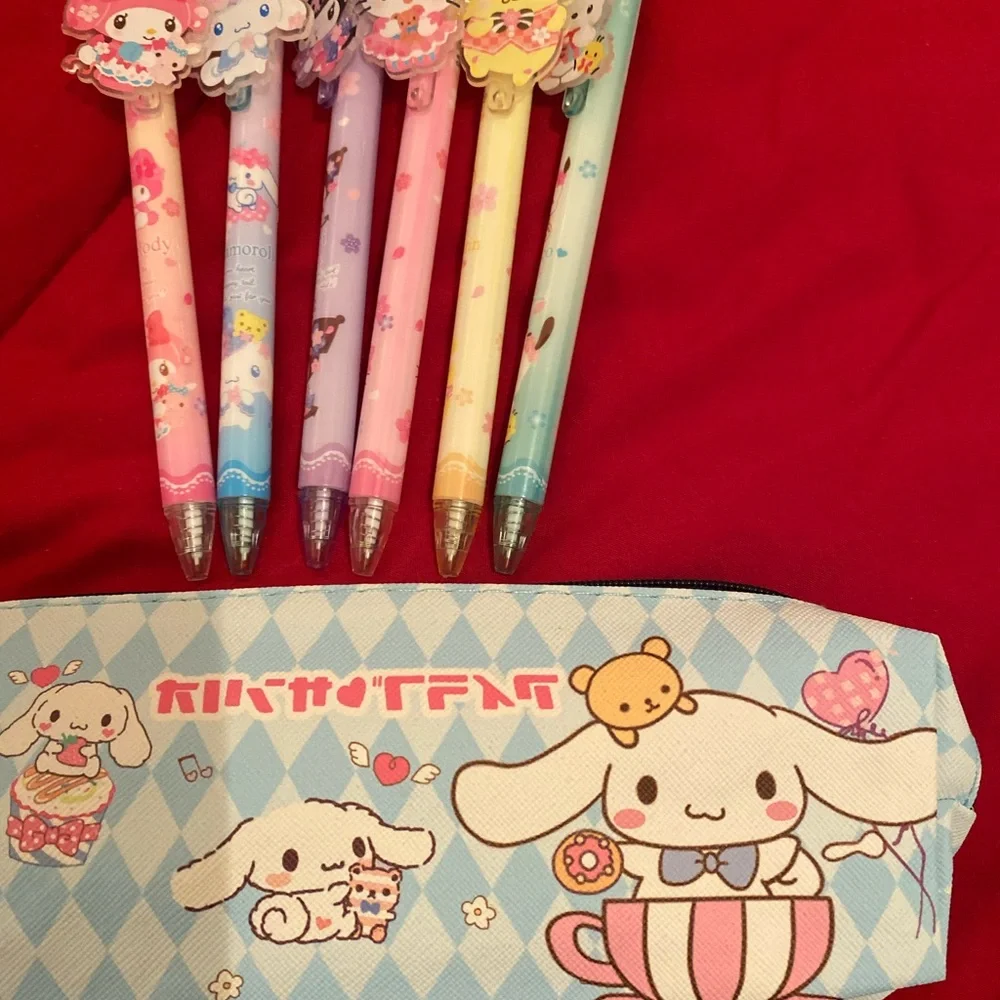Sanrio pencil case 6 pens and 2 erasers bundle set